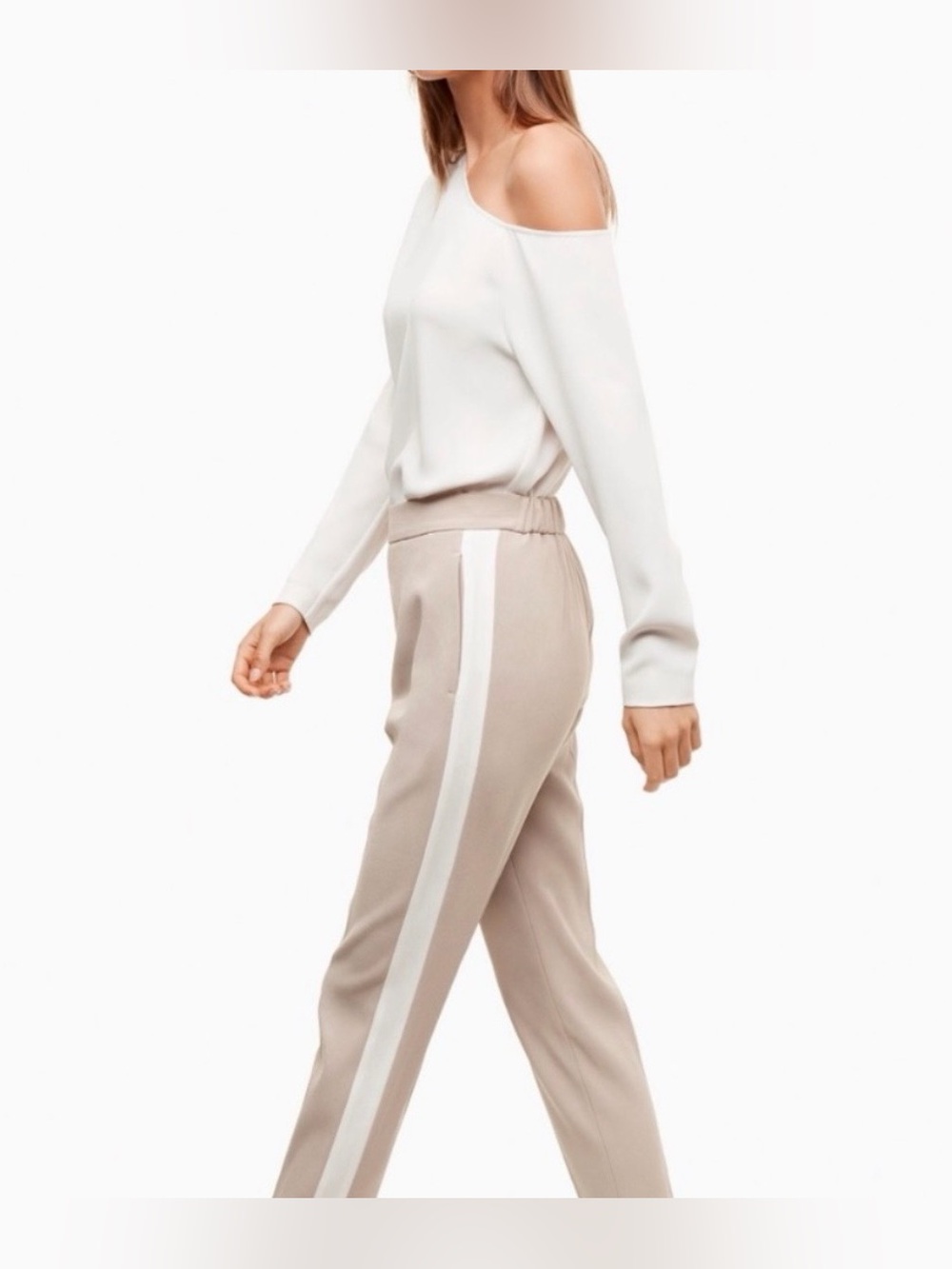 Aritzia BABATON Conan Pant Terado Tan with Tuxedo Stripe Trousers Sz 2 Polished
